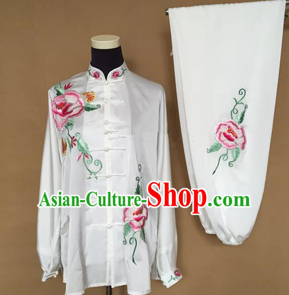 Chinese Traditional Kung Fu Martial Arts Embroidered Peony White Costumes Tai Chi Training Clothing for Women