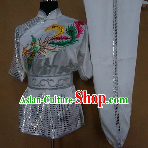 Chinese Traditional Kung Fu Martial Arts Embroidered Phoenix Costumes Tai Chi Training White Clothing for Women