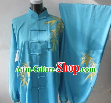 Chinese Traditional Kung Fu Embroidered Blue Silk Costumes Martial Arts Tai Chi Training Clothing for Women