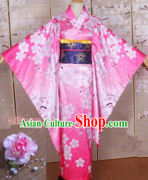 Asian Japanese Traditional Cosplay Costumes Ancient Yokime Pink Furisode Kimono Yukata Clothing for Women