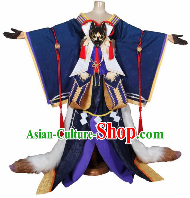 Asian Japanese Traditional Cosplay Fox Fairy Costumes Ancient Blue Furisode Kimono Yukata Clothing for Women
