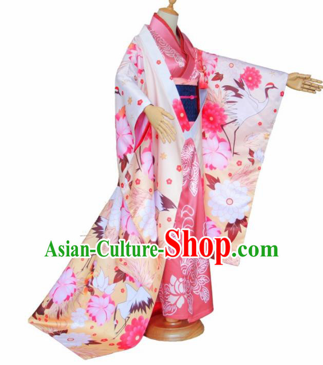 Asian Traditional Pink Furisode Kimono Cosplay Costumes Japanese Ancient Geisha Yukata Clothing for Women