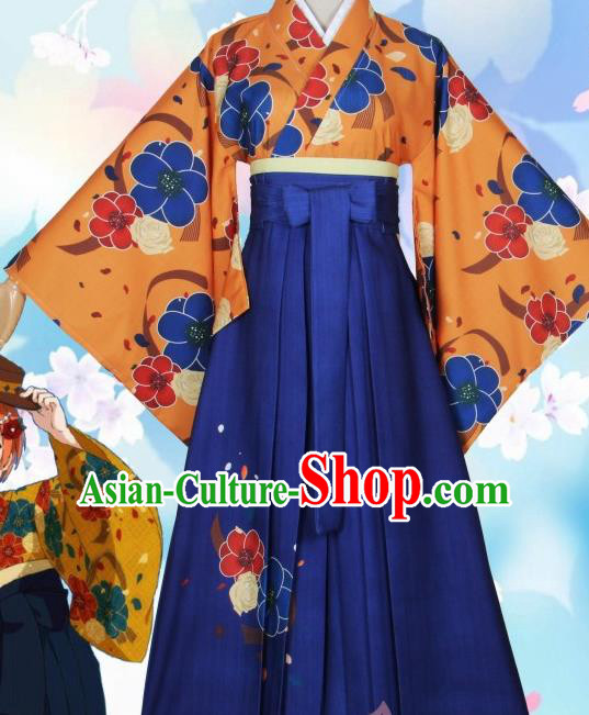 Asian Japanese Traditional Orange Furisode Kimono Cosplay Geisha Costumes Ancient Yukata Clothing for Women