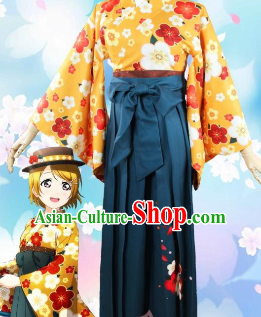 Asian Japanese Traditional Yellow Furisode Kimono Cosplay Geisha Costumes Ancient Yukata Clothing for Women
