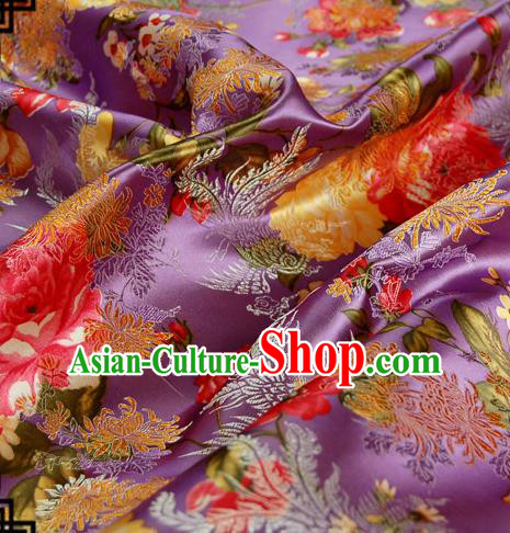 Asian Chinese Traditional Tang Suit Fabric Purple Brocade Silk Material Classical Peony Chrysanthemum Pattern Design Drapery
