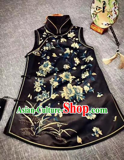 Chinese Traditional Qing Dynasty Costumes Ancient Princess Embroidered Black Silk Vests for Women