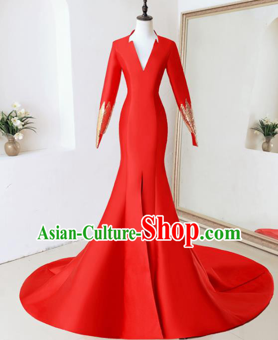 Top Performance Catwalks Costumes Wedding Red Trailing Full Dress for Women