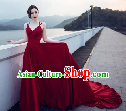 Top Performance Catwalks Costumes Wedding Wine Red Full Dress for Women