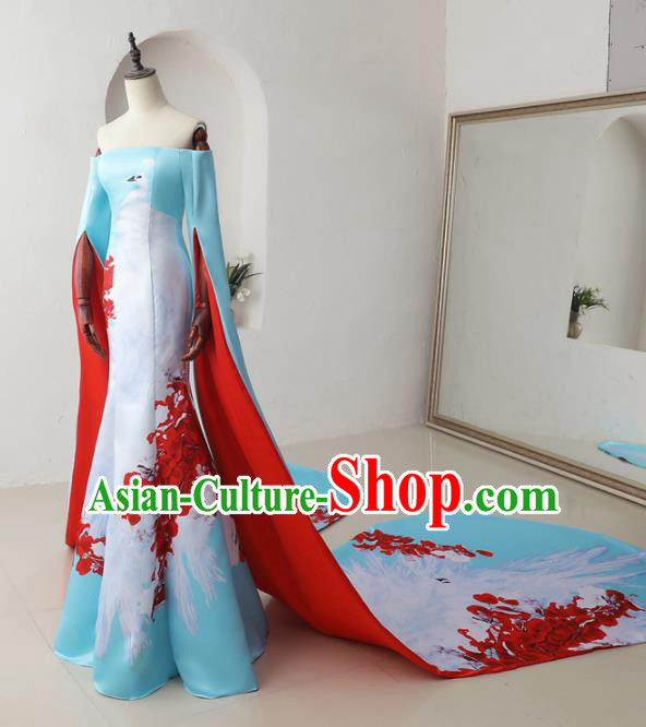 Chinese Classical Catwalks Costumes Traditional Printing Crane Cheongsam Trailing Full Dress for Women