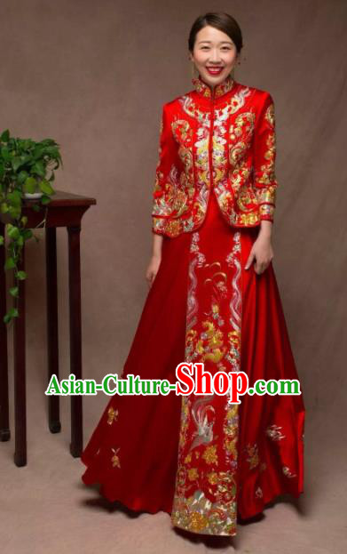 Chinese Traditional Wedding Red Costumes Ancient Bride Embroidered Xiuhe Suit for Women