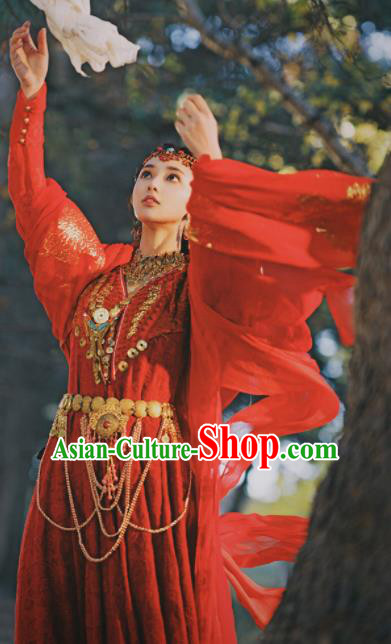 Chinese Traditional Loulan Princess Red Dress Ancient Swordswoman Embroidered Costumes and Headpiece for Women
