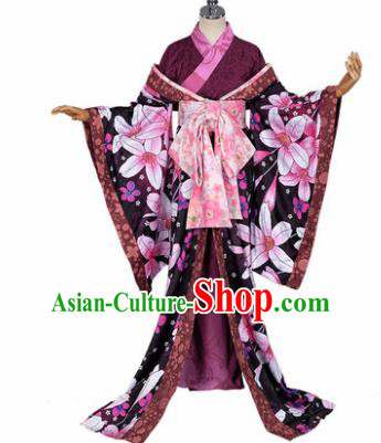 Japanese Traditional Courtesan Purple Furisode Kimono Costumes Ancient Cosplay Geisha Yukata Clothing for Women