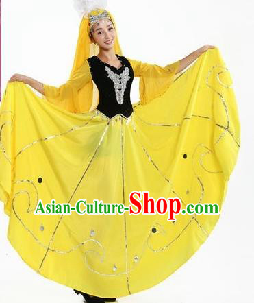 Chinese Traditional Uyghur Nationality Dance Costumes Uigurian Folk Dance Yellow Dress for Women