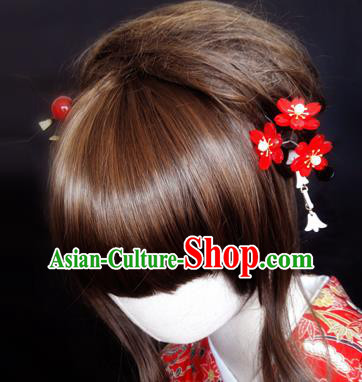 Japanese Traditional Courtesan Red Flowers Hairpins Ancient Geisha Kimono Hair Accessories for Women