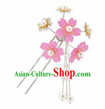 Japanese Traditional Kimono Hair Accessories Ancient Yukata Pink Cherry Blossom Tassel Hairpins for Women