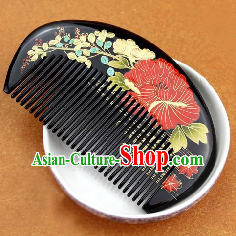 Japanese Traditional Courtesan Kimono Peony Black Hair Comb Ancient Geisha Hair Accessories for Women