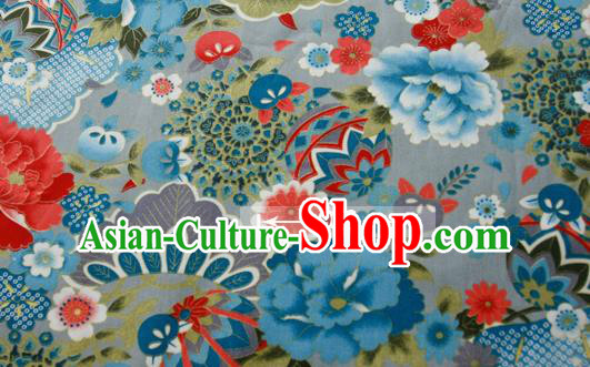 Asian Japanese Traditional Kimono Blue Brocade Fabric Silk Material Classical Peony Pattern Design Drapery