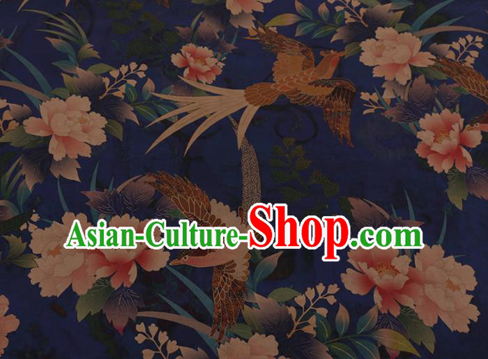 Chinese Traditional Cheongsam Silk Fabric Palace Phoenix Peony Pattern Blue Satin Plain Gambiered Guangdong Gauze