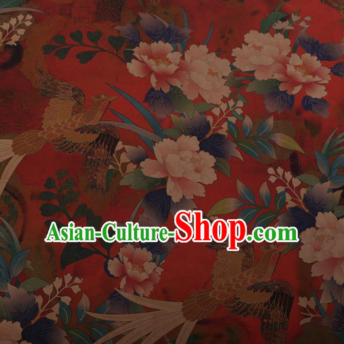 Chinese Traditional Cheongsam Silk Fabric Palace Phoenix Peony Pattern Red Satin Plain Gambiered Guangdong Gauze