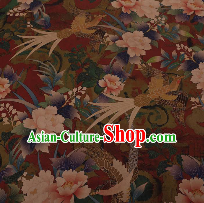Chinese Traditional Cheongsam Silk Fabric Palace Phoenix Peony Pattern Dark Red Satin Plain Gambiered Guangdong Gauze