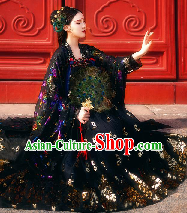 Chinese Ancient Royal Embroidered Costumes Traditional Tang Dynasty Imperial Consort Black Hanfu Dress for Women