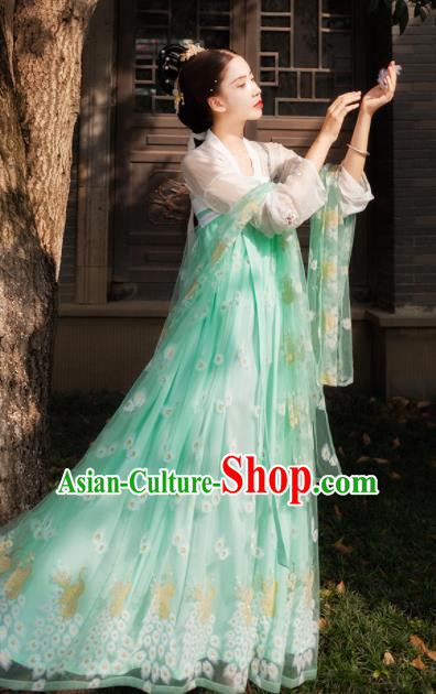 Chinese Tang Dynasty Royal Embroidered Costumes Ancient Imperial Consort Green Hanfu Dress for Women