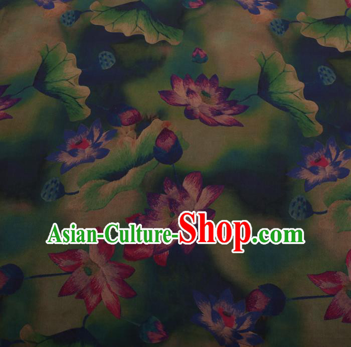 Chinese Traditional Cheongsam Green Silk Fabric Palace Lotus Pattern Satin Plain Gambiered Guangdong Gauze
