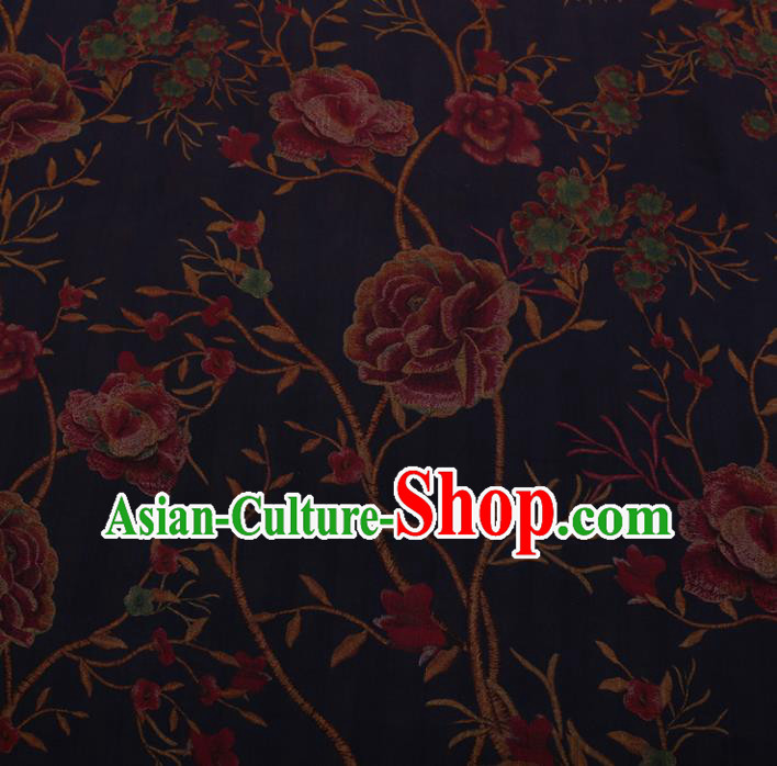 Chinese Traditional Cheongsam Navy Silk Fabric Palace Peony Pattern Satin Plain Gambiered Guangdong Gauze
