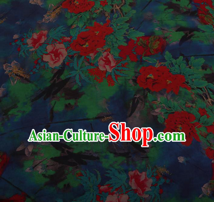 Chinese Traditional Cheongsam Blue Silk Fabric Palace Peony Pattern Jacquard Satin Plain Gambiered Guangdong Gauze