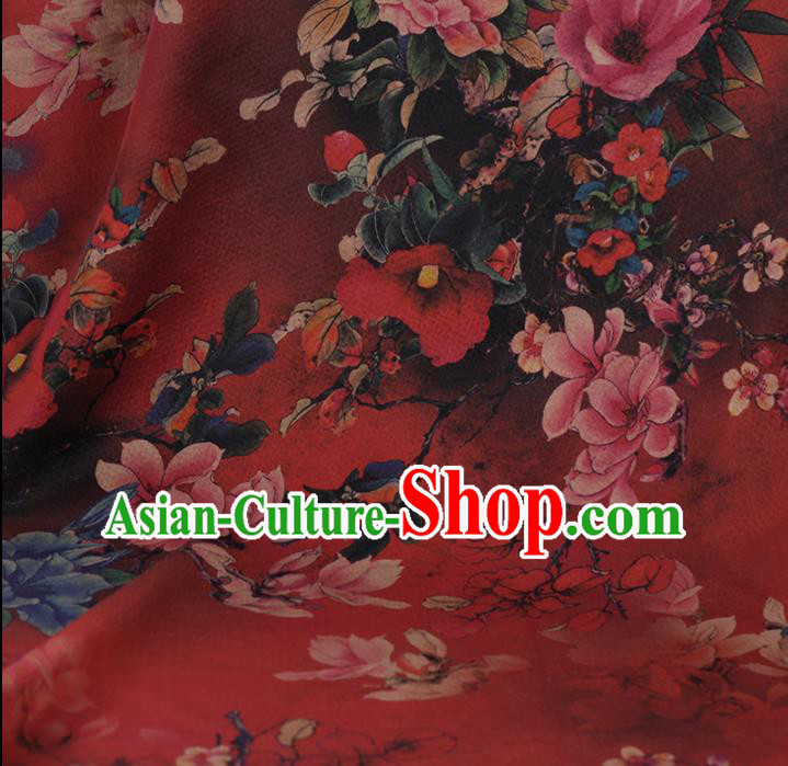 Chinese Classical Red Satin Plain Cheongsam Drapery Silk Fabric Traditional Peony Pattern Gambiered Guangdong Gauze