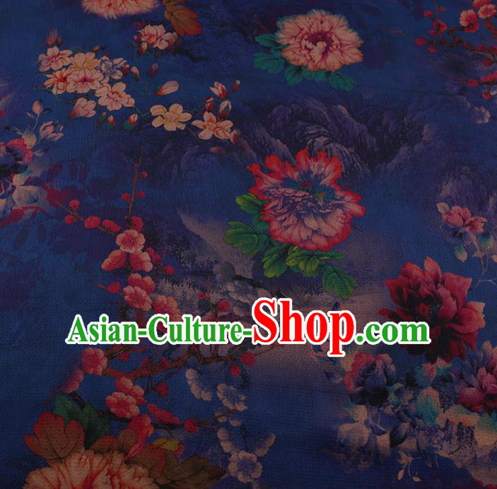 Chinese Classical Blue Satin Plain Traditional Peony Pattern Cheongsam Drapery Silk Fabric Gambiered Guangdong Gauze