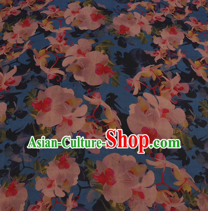 Chinese Classical Blue Satin Plain Traditional Pattern Cheongsam Drapery Silk Fabric Gambiered Guangdong Gauze