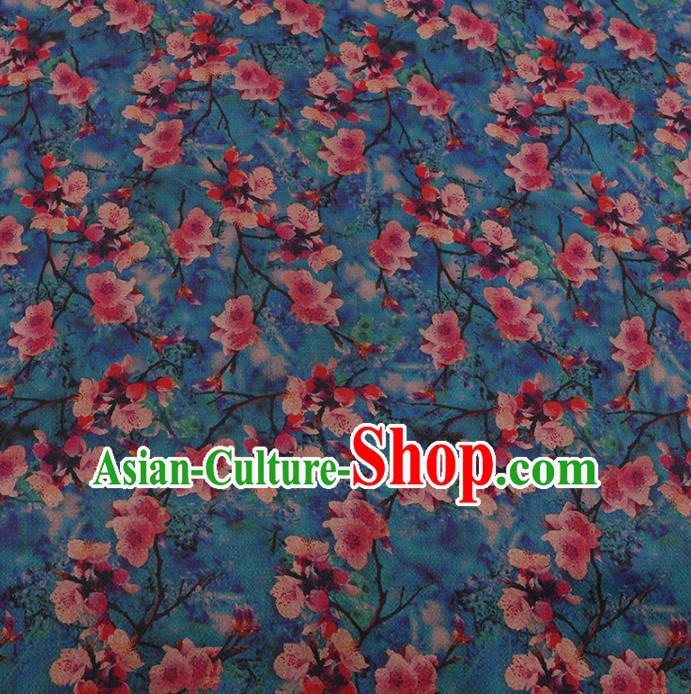 Chinese Classical Blue Satin Plain Traditional Peach Blossom Pattern Cheongsam Drapery Silk Fabric Gambiered Guangdong Gauze