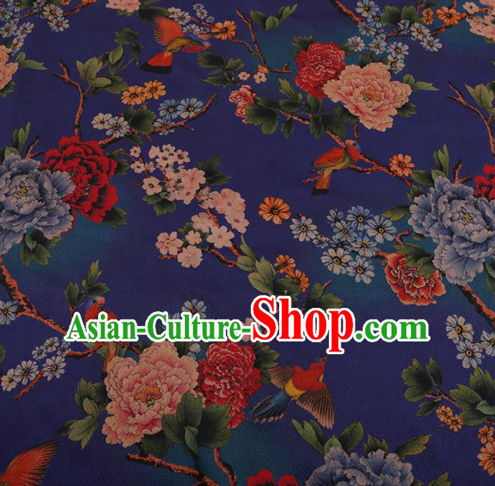 Chinese Traditional Cheongsam Drapery Blue Silk Fabric Palace Peony Pattern Satin Plain Gambiered Guangdong Gauze