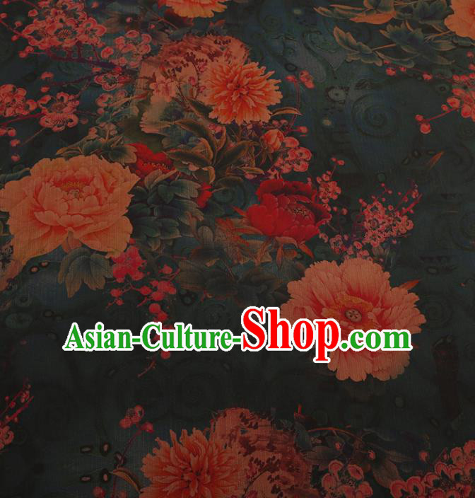 Chinese Traditional Cheongsam Drapery Green Silk Fabric Palace Peony Pattern Satin Plain Gambiered Guangdong Gauze