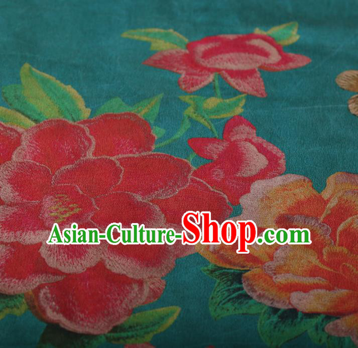 Chinese Traditional Silk Fabric Classical Peony Pattern Green Satin Plain Cheongsam Drapery Gambiered Guangdong Gauze