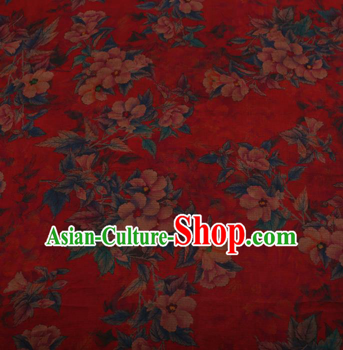 Chinese Traditional Silk Fabric Classical Azalea Pattern Red Satin Plain Cheongsam Drapery Gambiered Guangdong Gauze