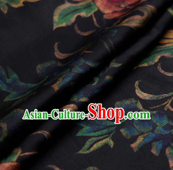 Chinese Traditional Silk Fabric Classical Peony Pattern Navy Satin Plain Cheongsam Drapery Gambiered Guangdong Gauze
