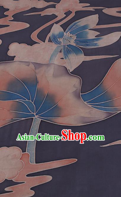 Chinese Classical Silk Fabric Traditional Lotus Leaf Pattern Navy Satin Plain Cheongsam Drapery Gambiered Guangdong Gauze