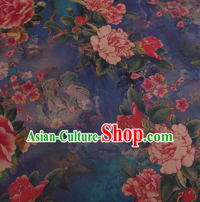 Chinese Classical Blue Silk Fabric Traditional Peony Pattern Satin Plain Cheongsam Drapery Gambiered Guangdong Gauze