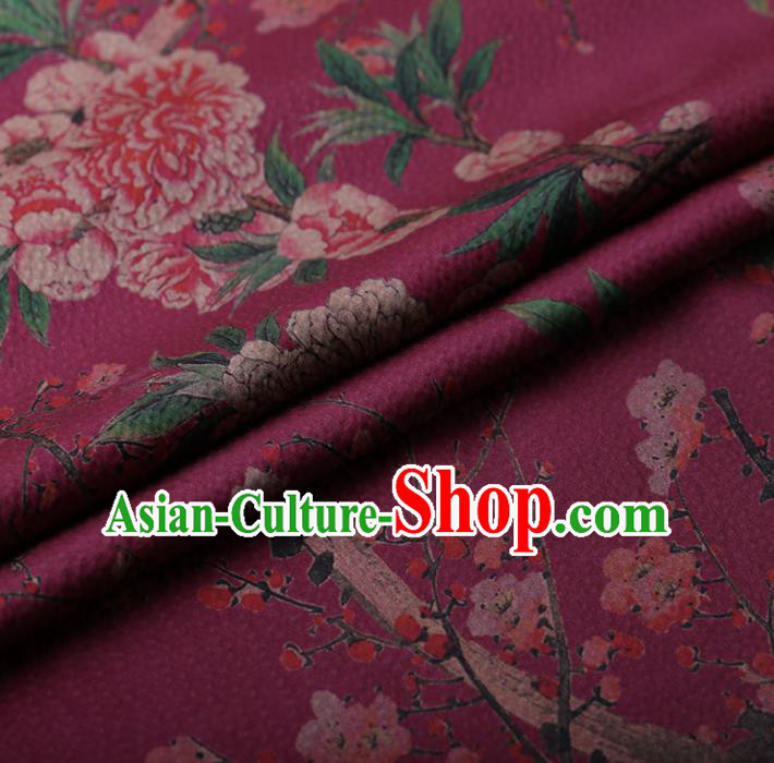 Chinese Traditional Silk Fabric Classical Peony Plum Blossom Pattern Purple Satin Plain Cheongsam Drapery Gambiered Guangdong Gauze