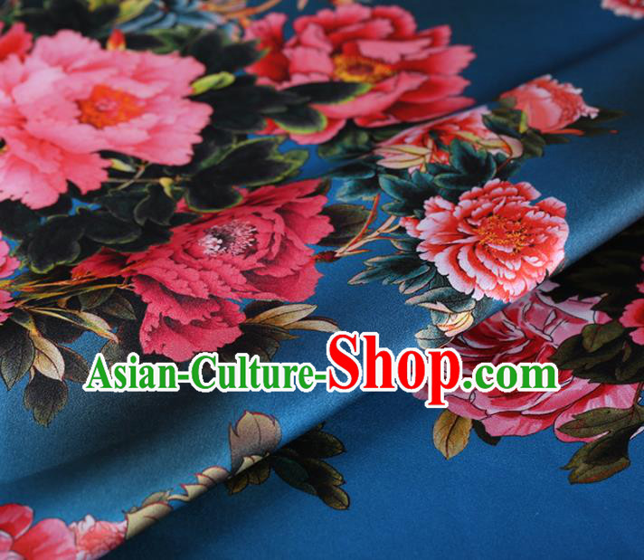 Chinese Traditional Silk Fabric Classical Peony Pattern Lake Blue Satin Plain Cheongsam Drapery Gambiered Guangdong Gauze