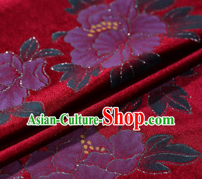 Asian Chinese Red Velvet Fabric Traditional Classical Peony Pattern Cheongsam Pleuche Drapery Gambiered Guangdong Gauze