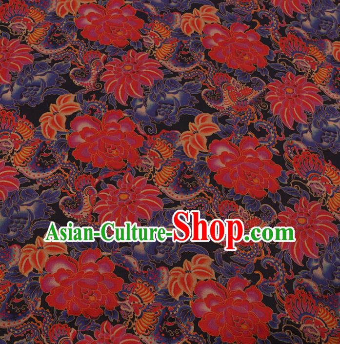 Asian Chinese Gambiered Guangdong Gauze Traditional Satin Plain Classical Red Peony Pattern Cheongsam Silk Drapery