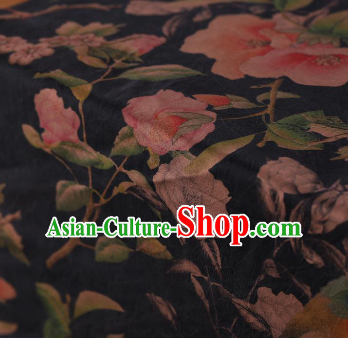 Asian Chinese Gambiered Guangdong Gauze Traditional Black Satin Plain Classical Flowers Pattern Cheongsam Silk Drapery