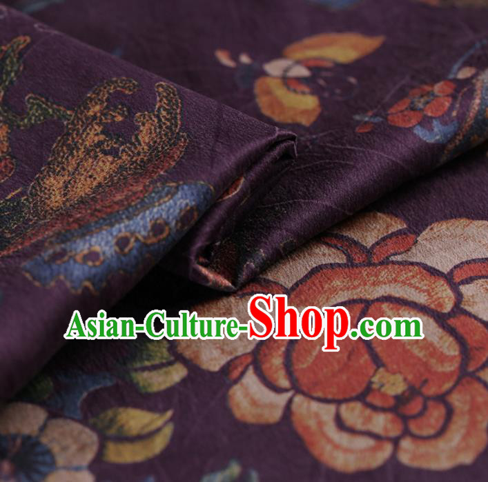 Asian Chinese Traditional Gambiered Guangdong Gauze Purple Satin Plain Classical Peony Pattern Cheongsam Silk Drapery