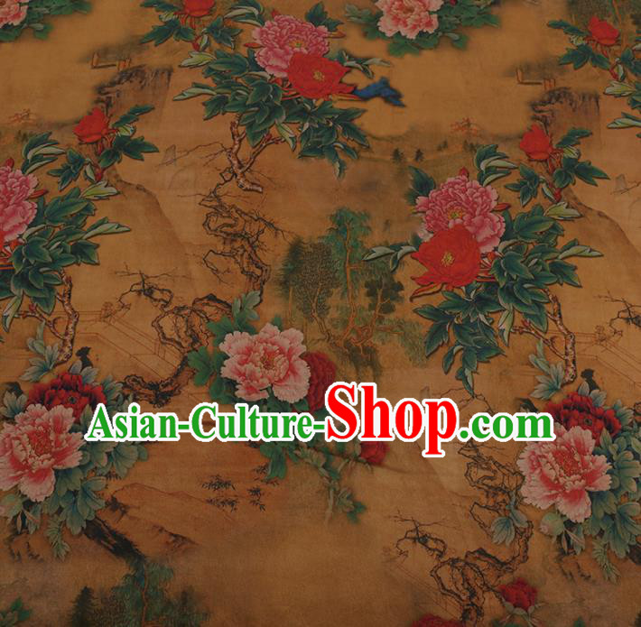 Traditional Chinese Golden Gambiered Guangdong Gauze Satin Plain Classical Peony Pattern Cheongsam Silk Drapery