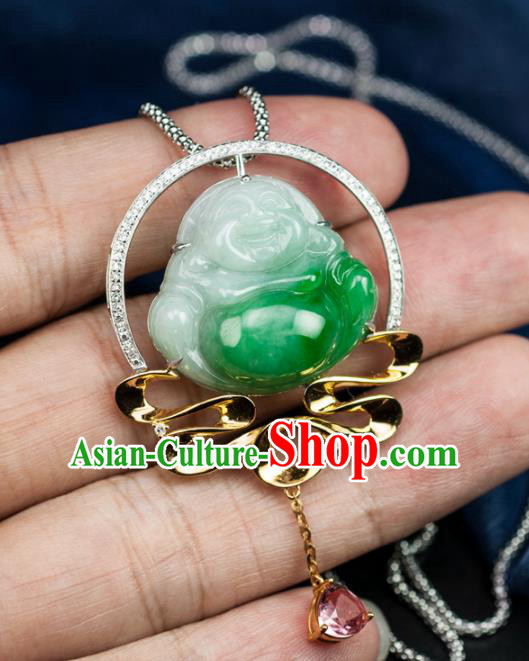 Chinese Traditional Jewelry Accessories Ancient Ice Jade Necklace Jadeite Carving Maitreya Buddha Pendant