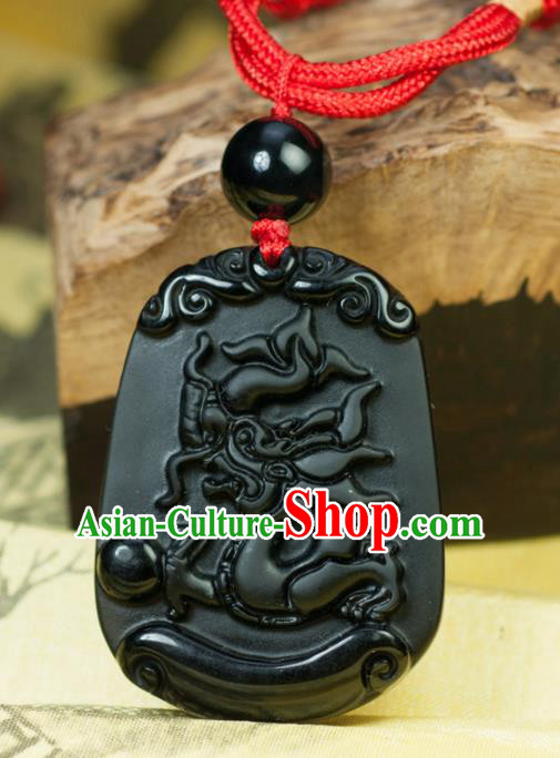 Chinese Traditional Jewelry Accessories Carving Dragon Obsidian Artware Handmade Pendant
