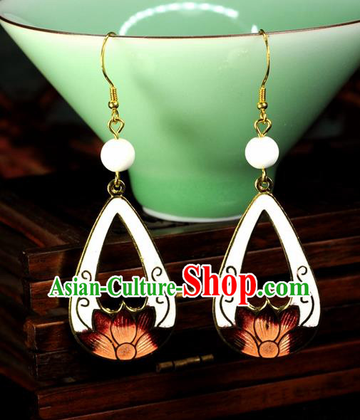 Chinese Traditional Jade Jewelry Accessories Ancient Hanfu Cloisonne White Lotus Earrings for Women